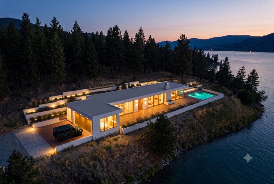 Twilight on the point, pool glowing at the deck end.