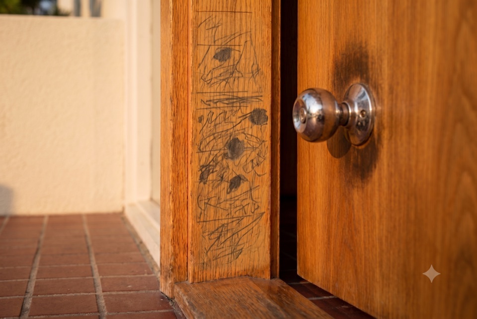 Two decades of pencil marks up the oak jamb.