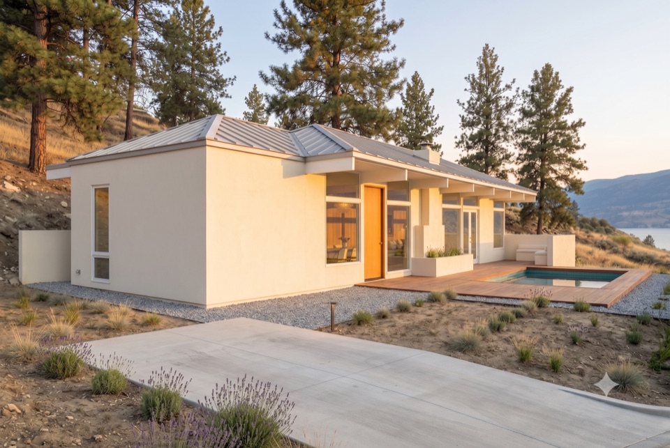 Fire-smart: a clean granite band, no junipers, screened soffits.