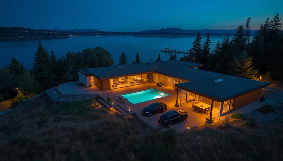 Night oblique over the lakeside house.