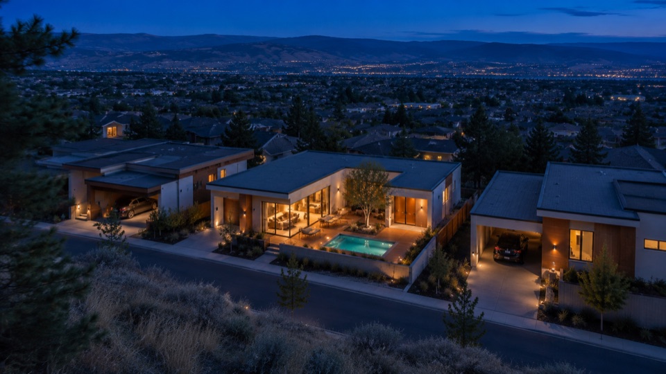 Blue hour over the street. Courtyard tree, lit pool, carports, Kelowna spread out below.