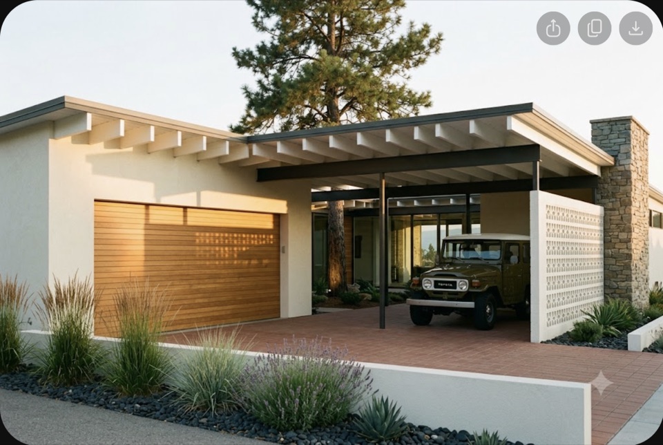 Carport and garage as architecture: the roof plane carried on steel, an oak slat garage door reading as a timber wall.