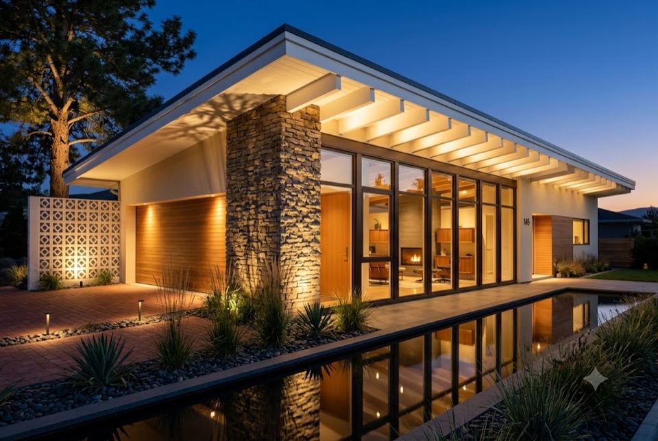 Blue hour, lit for a listing. Rafter tails uplit, breeze block backlit, stone pier raked, the whole facade doubled in the water channel.