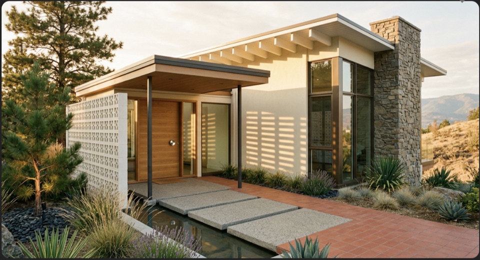 The entry sequence: breeze block screen, floating canopy, oak door, stepping pads over a water channel.