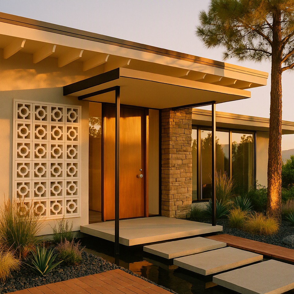 Entry variant: breeze block screen, stone pier, oak door, pads over the water channel.