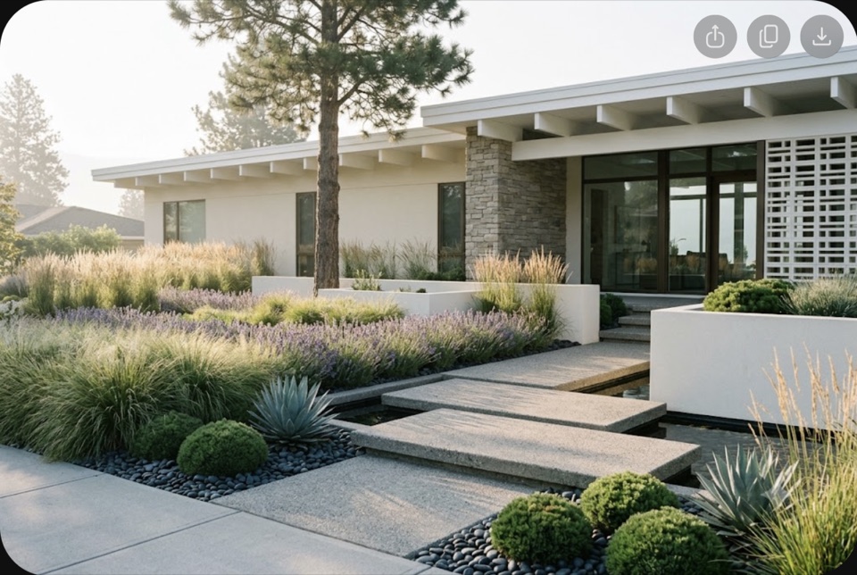 The front garden as a designed landscape. Grasses backlit at dawn, lavender in bands, agave as punctuation, no lawn.