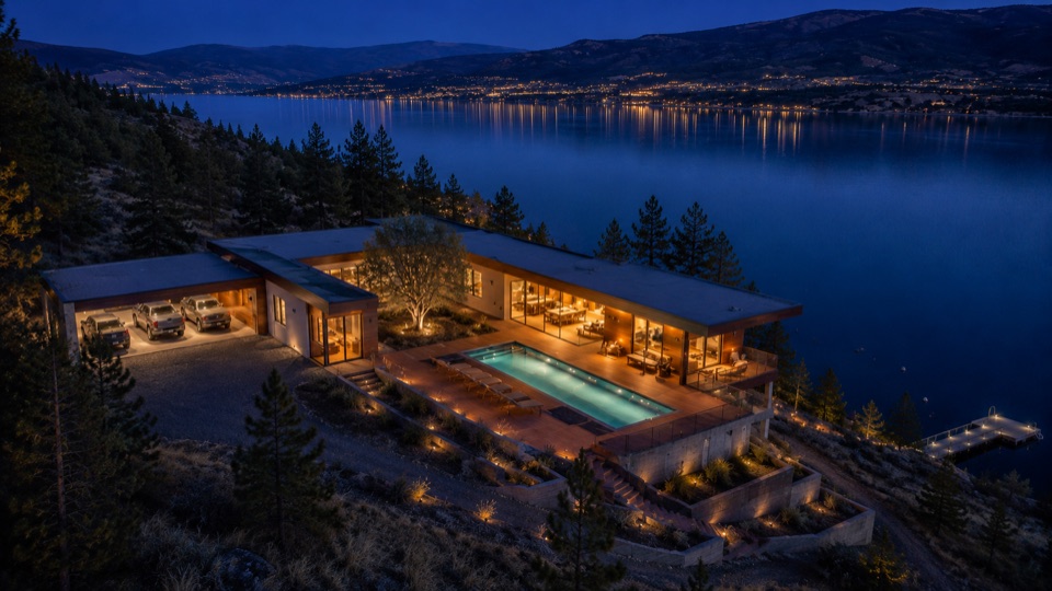 Blue hour above the lake. L-plan, lap pool on the deck, courtyard tree lit, four bays of garage, dock below.
