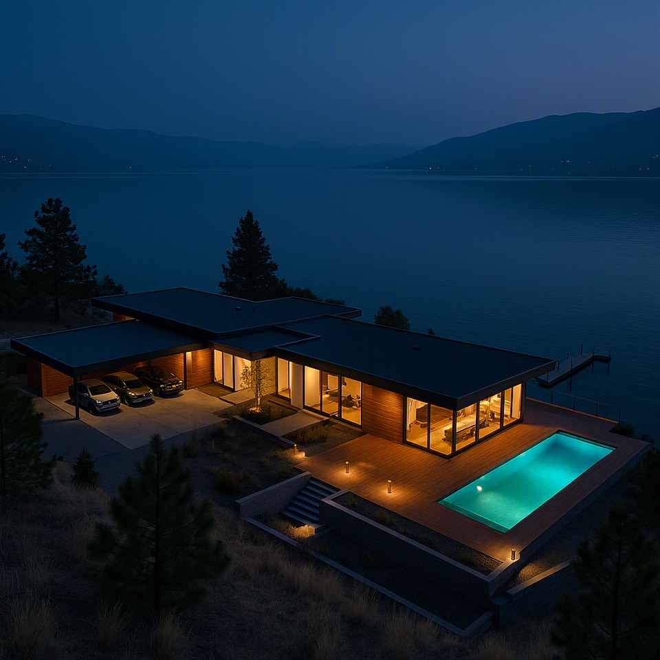 Night aerial, three cars under the carport, pool lit turquoise, dock on the water.