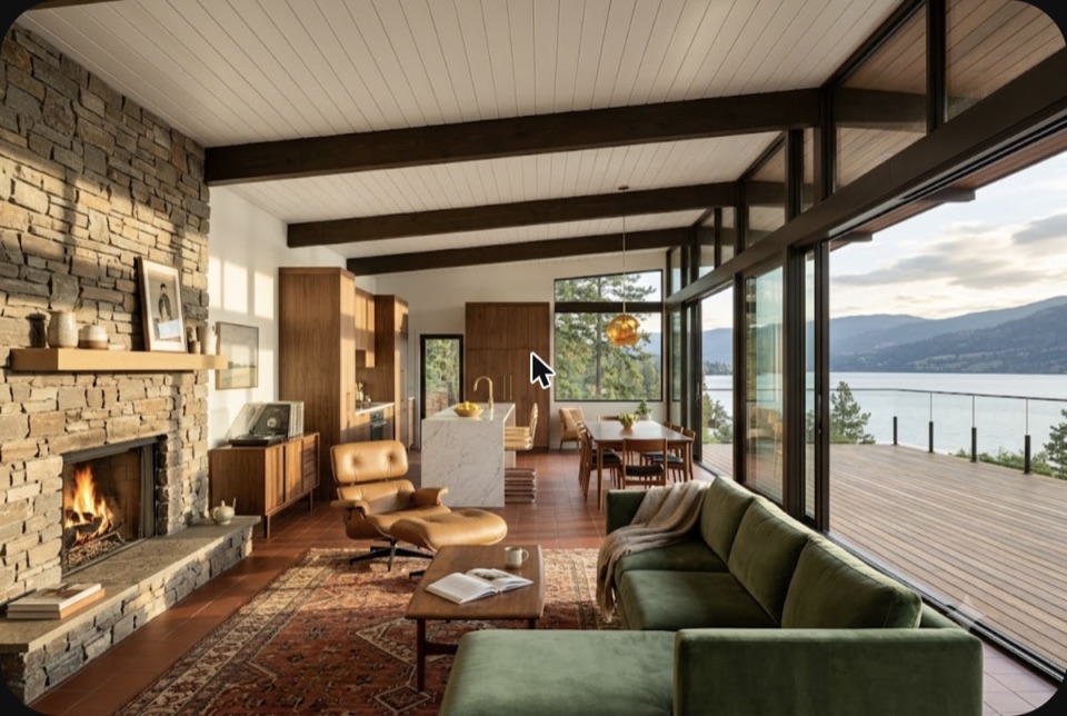 The listing photo. Stone fireplace wall, walnut kitchen, marble island, plank ceiling running straight out to the soffit, lake beyond.