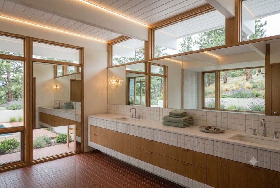 Floating tile vanity, clerestory light.