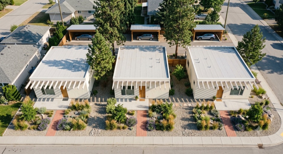 Gentle density: three of these where two big houses used to be. Shared lane, carports, private courts, no lawn.
