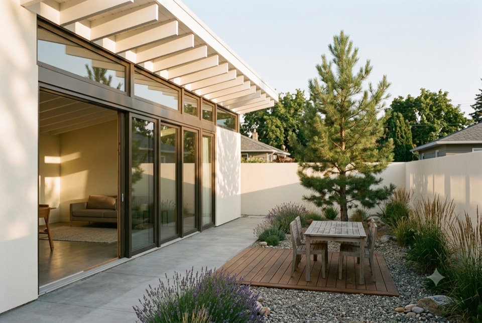 The outdoor room. How 1,500 square feet feels generous: the floor runs out flush and the court does the work.