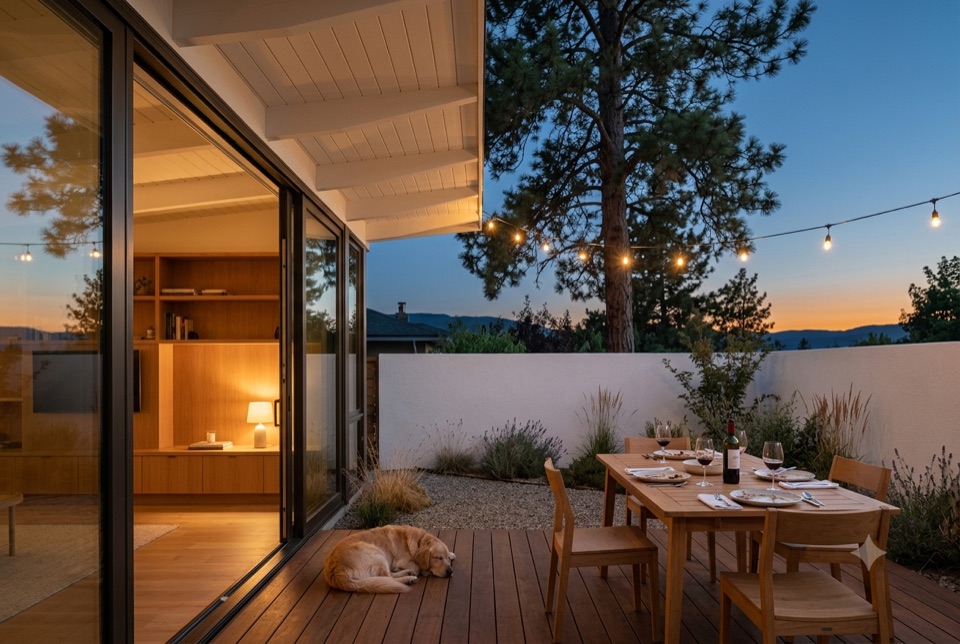 End of a good evening. String lights, the sliders open, the ceiling running straight out over the deck.