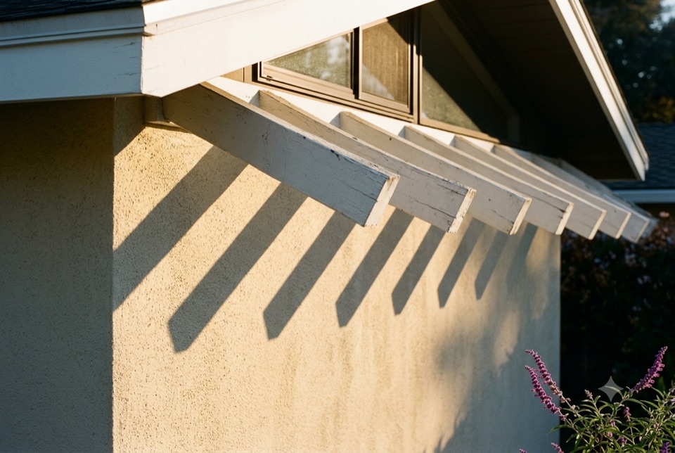 Three cheap things and a low sun: stucco, white fascia, rafter tails. The shadows are the architecture.