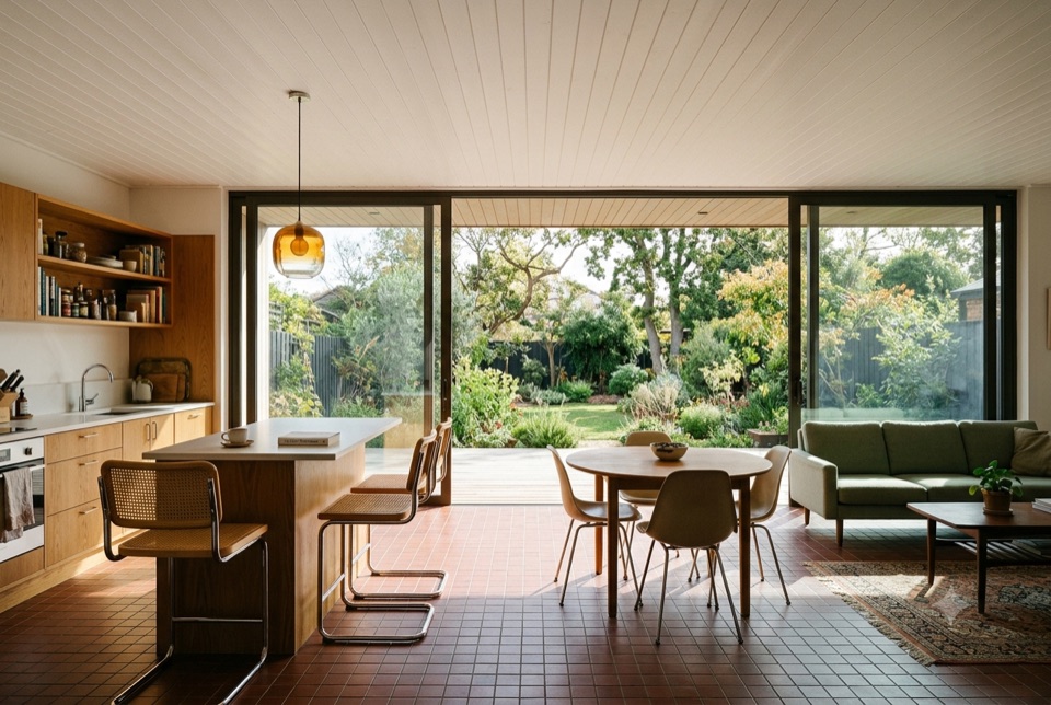 Inside 1,500 sf. It feels generous because the plank ceiling runs straight out to the soffit, not because of money.