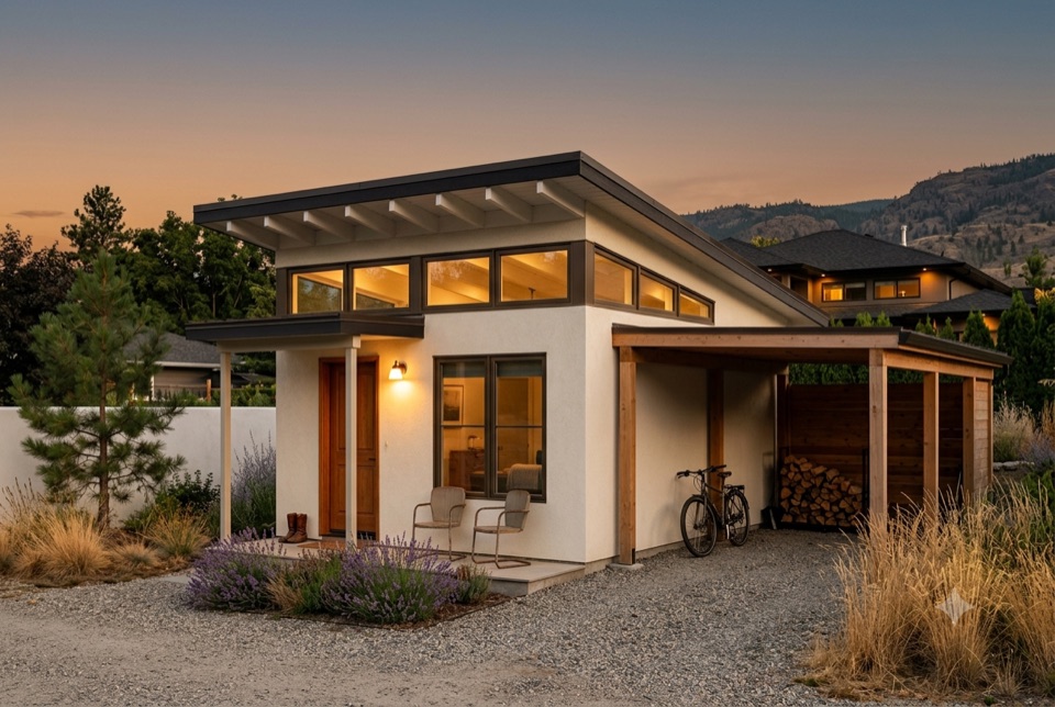 The laneway house. 600 square feet, same language, done properly. Somebody's first home, or the rent that pays the mortgage.