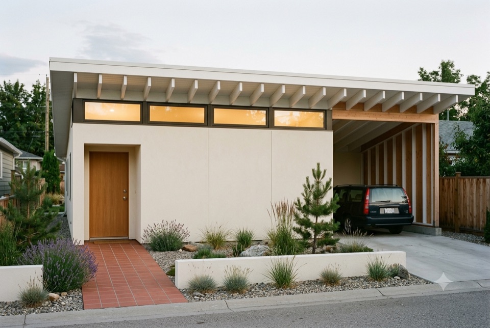No. 00 Compact, street side. One rectangle, one roof plane, carport not garage, on a 33 foot infill lot.