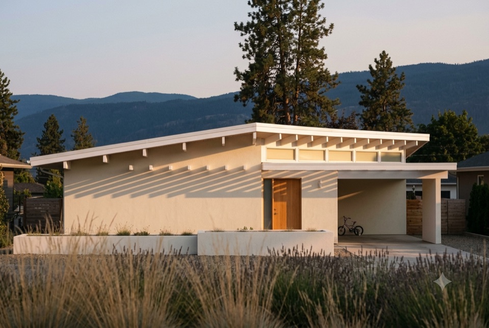 Twenty minutes before sunset. The rafter tails throw the rhythm down the stucco, and that is the whole design.