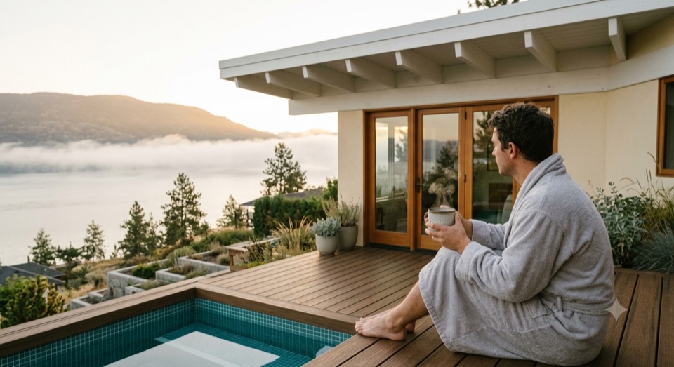 Morning coffee over the lake mist.
