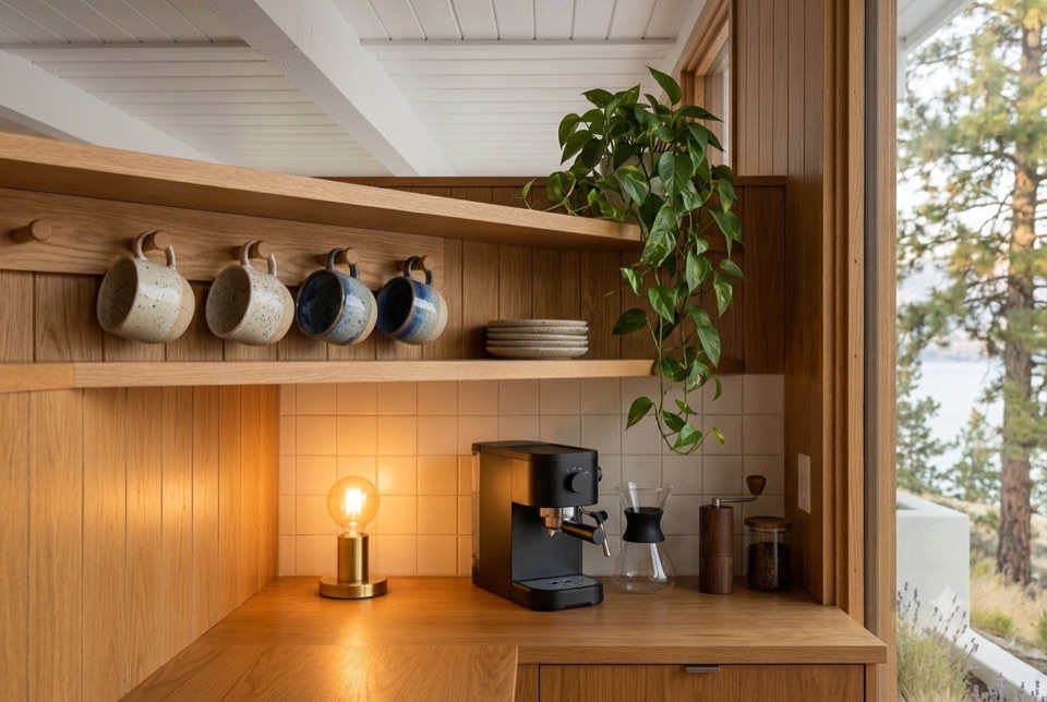 The coffee station, brass lamp glowing.