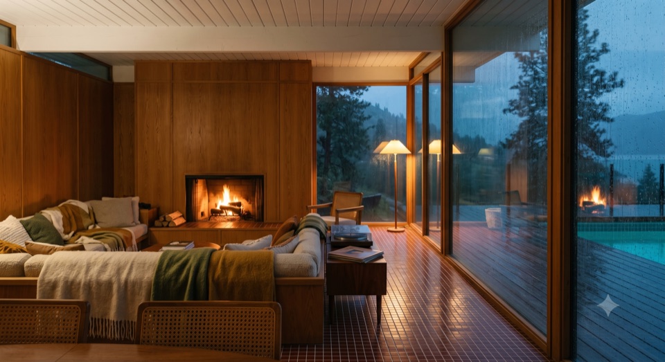 Fire lit, rain on the glass.