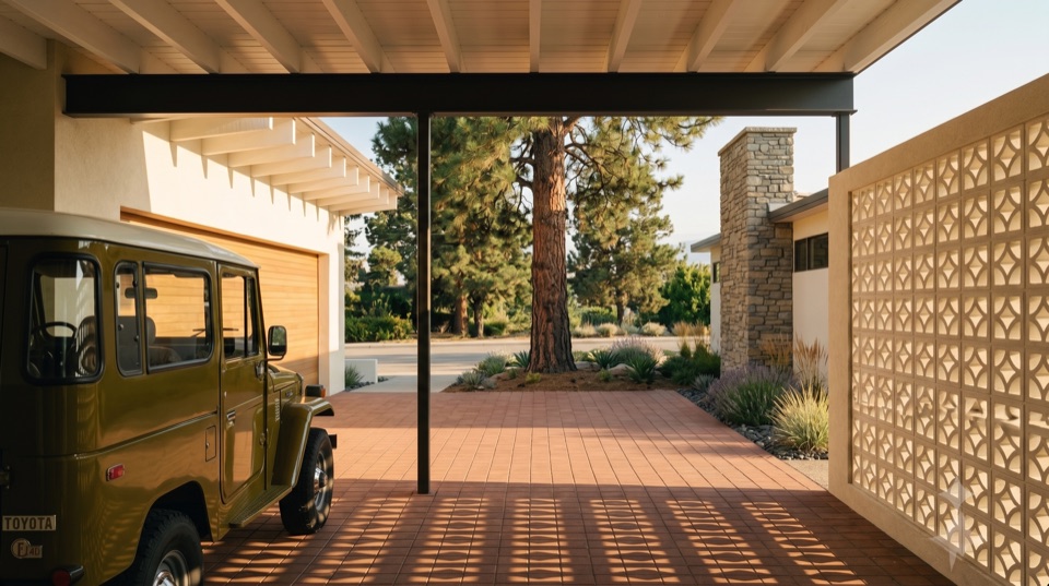 Inside the carport, looking out.
