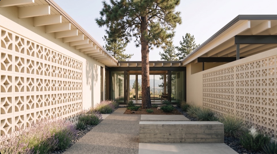 The private court: breeze block, one pine, hard summer shadow.