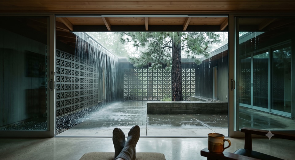 Rain off the roof in one line. The glass still open.