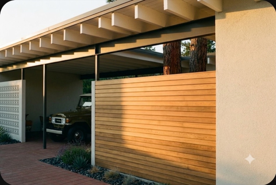 Cedar slats, raking light.