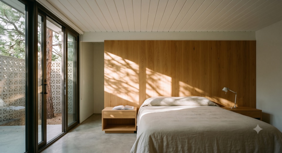 Primary: oak wall, one wall of glass to a private edge of the court.