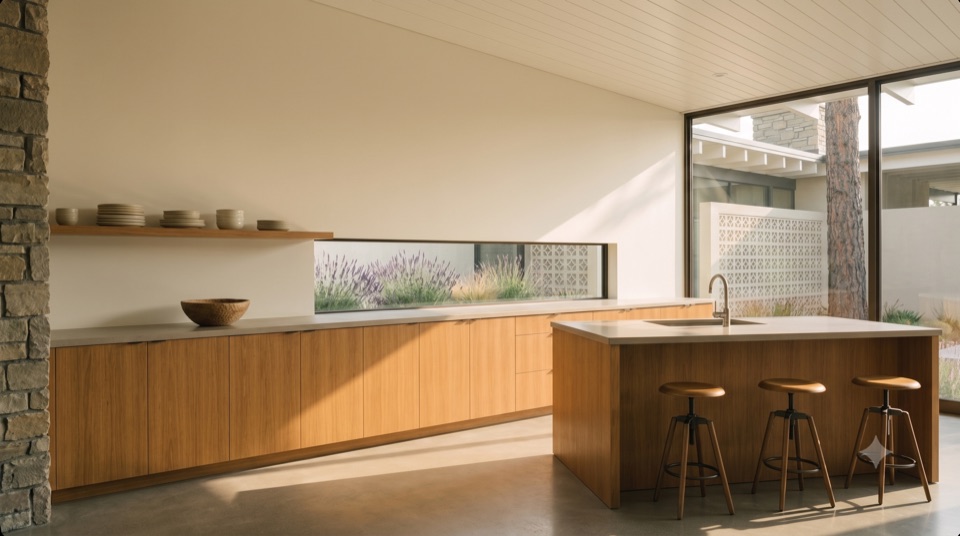 One oak run, no upper cabinets, a window slot into the lavender.