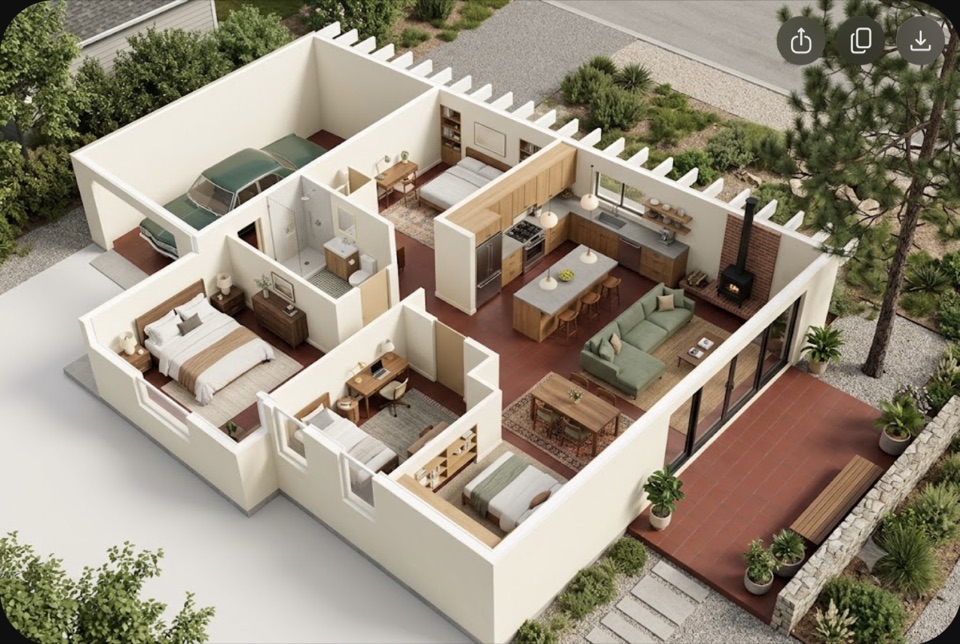 Roof off. The 40 foot plan as a furnished 3D cutaway: carport, three bedrooms, bath, and the open end opening to the deck.