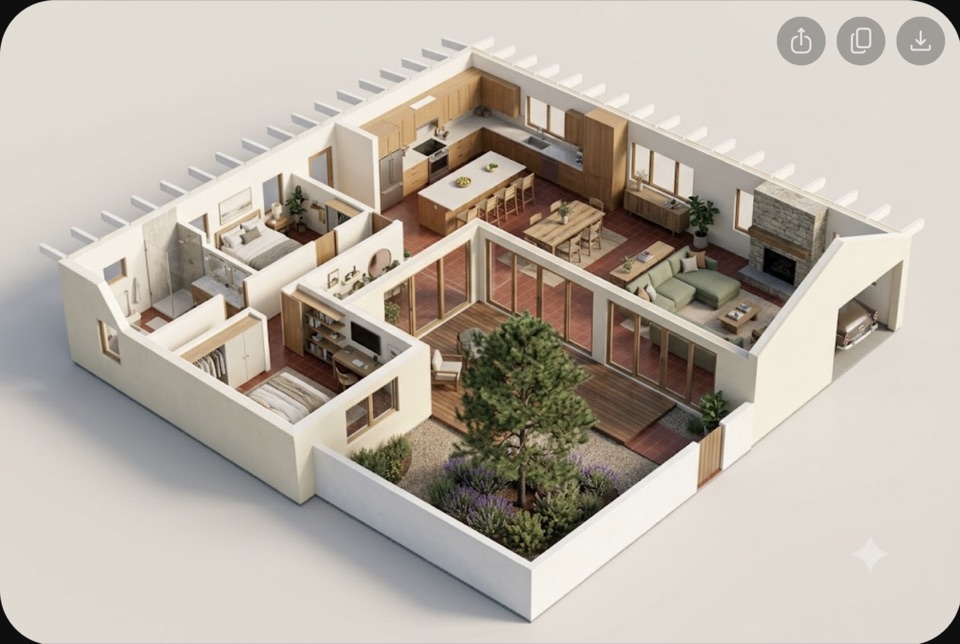 The 50 foot L with the roof off. Every room faces the courtyard, and the pine in the crook is the centre of the plan.