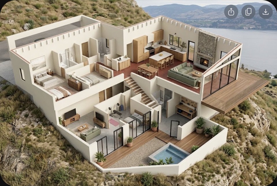 The walkout with both floors open. Street level above, garden level below, one stair between them, plunge pool at the bottom.