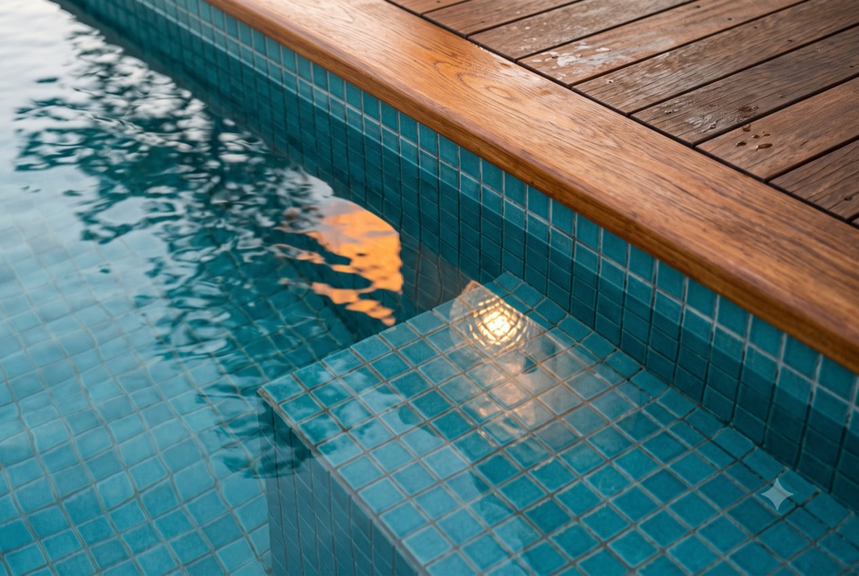 Teal tile under rippling water.