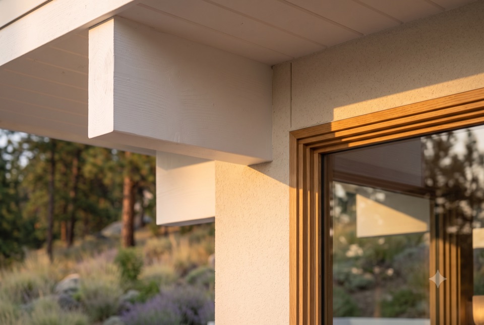 Rafter tail meets stucco and oak.