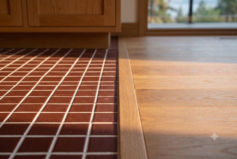 Oxblood mosaic meets oak plank.