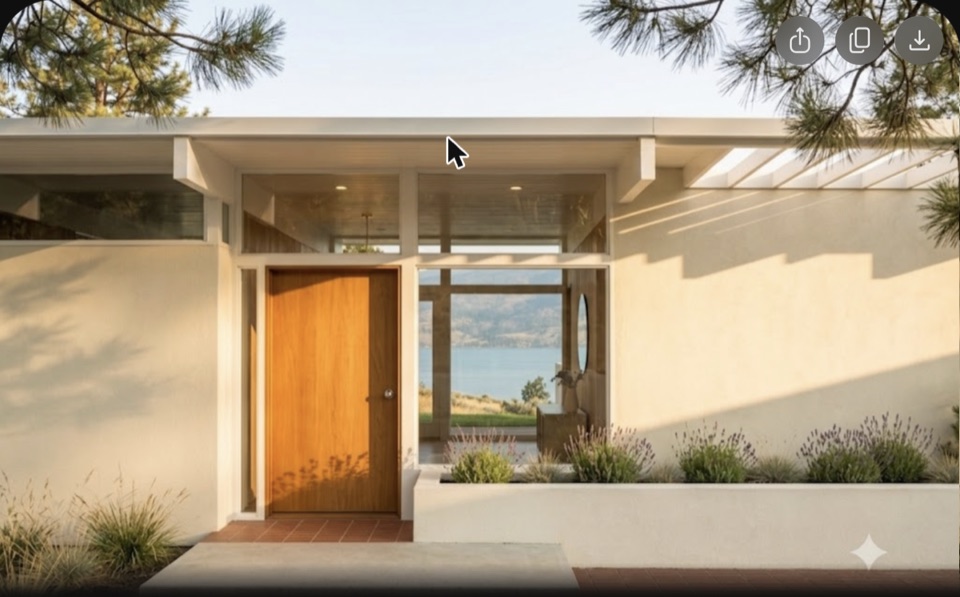 The entry on the new envelope. Oak slab door as the one warm heavy thing, slim bronze glazing either side, straight through to the lake.