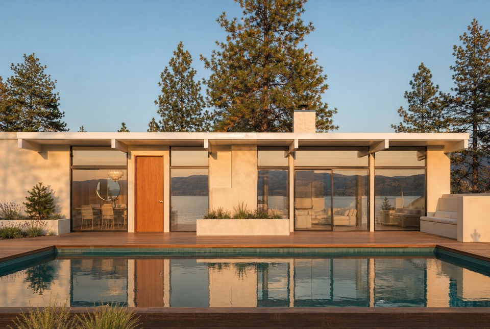 Lake elevation with the new envelope: slim-profile European lift-and-slide, dark bronze, glass to the deck with no threshold.