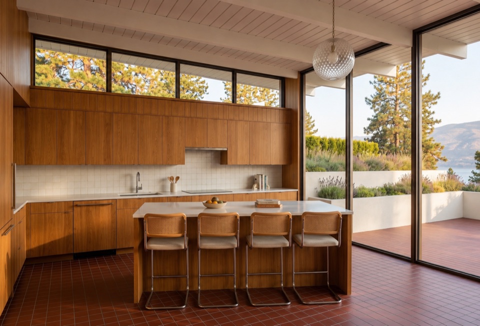 Inside on the new envelope: corner glass with no post, floor running out to the deck with no threshold.