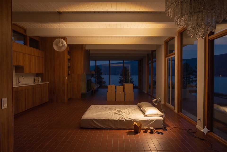 First night. A mattress, one lamp, the lake out there.