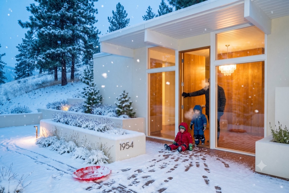 Snow day. The oak door open, warmth spilling out.