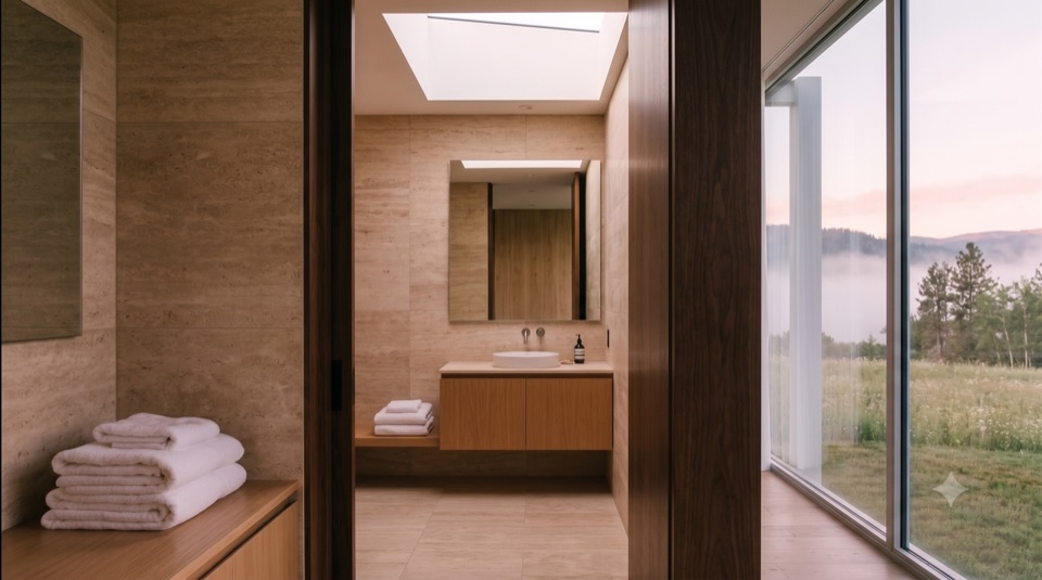 Skylit bath inside the core.