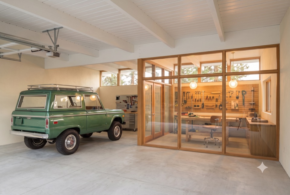 Garage A: glass-walled workshop behind the bays.