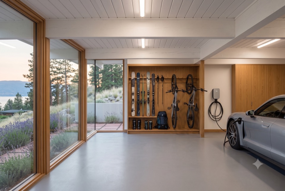 Two bays, gear wall, EV charger.