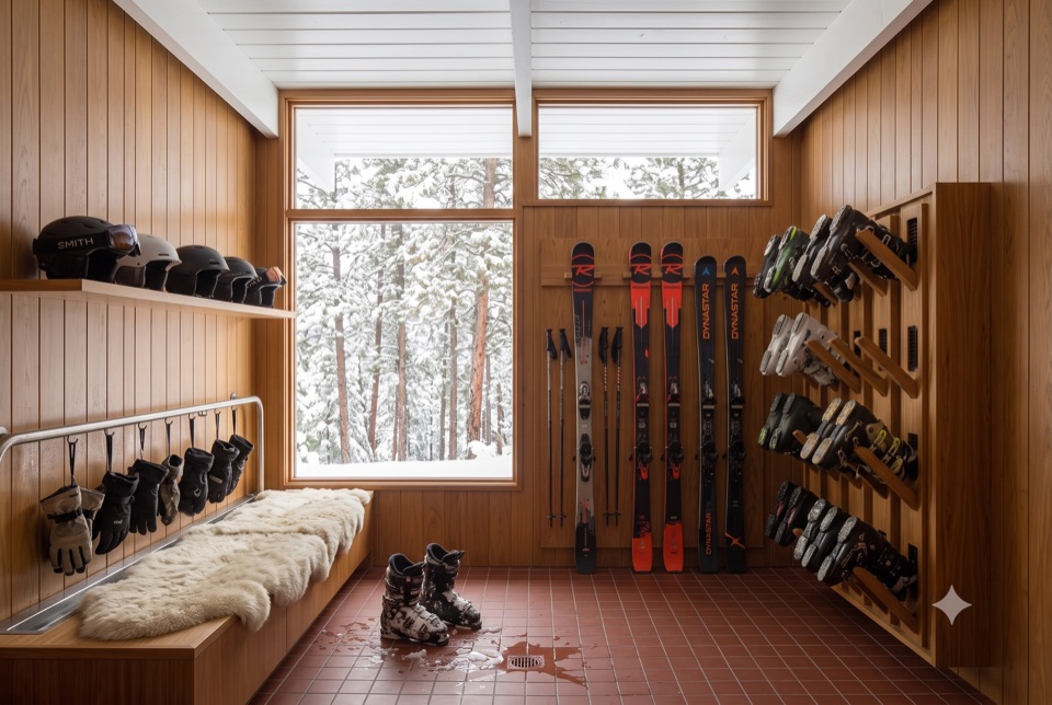 Gear A: the ski room, boots drying.