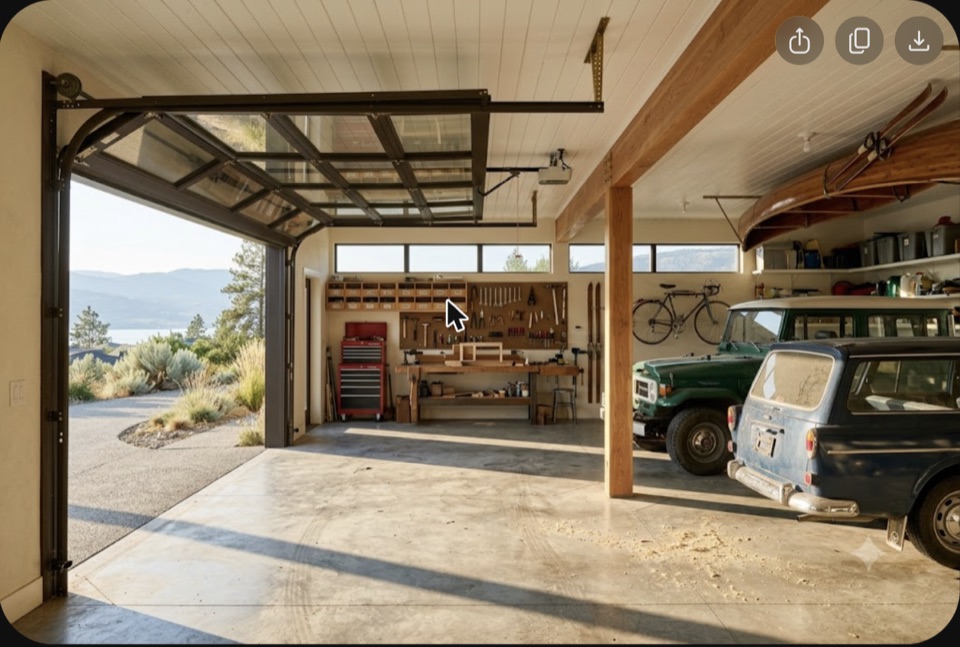 Garage version: double-deep. Two bays wide, twice as deep, so the rear tandem spaces become a real workshop. Cheapest way to get a shop.