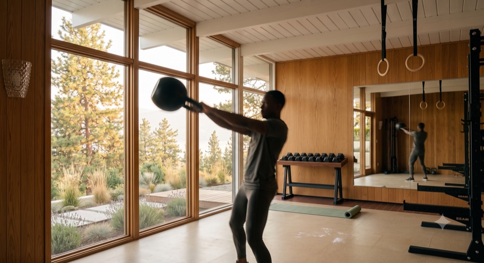Kettlebell mid-swing against the glass.