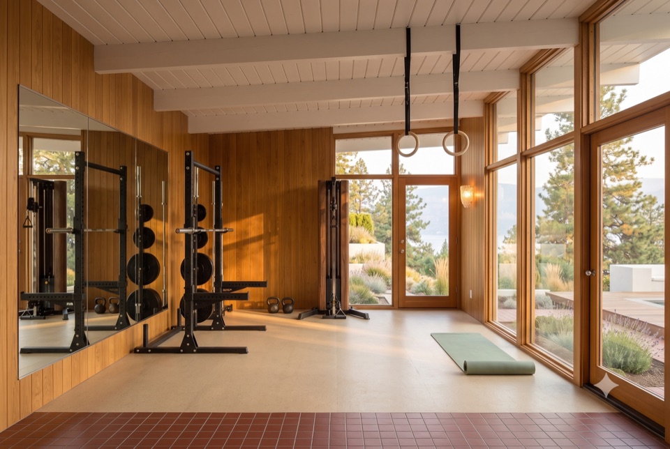The gym, morning light off the pines.