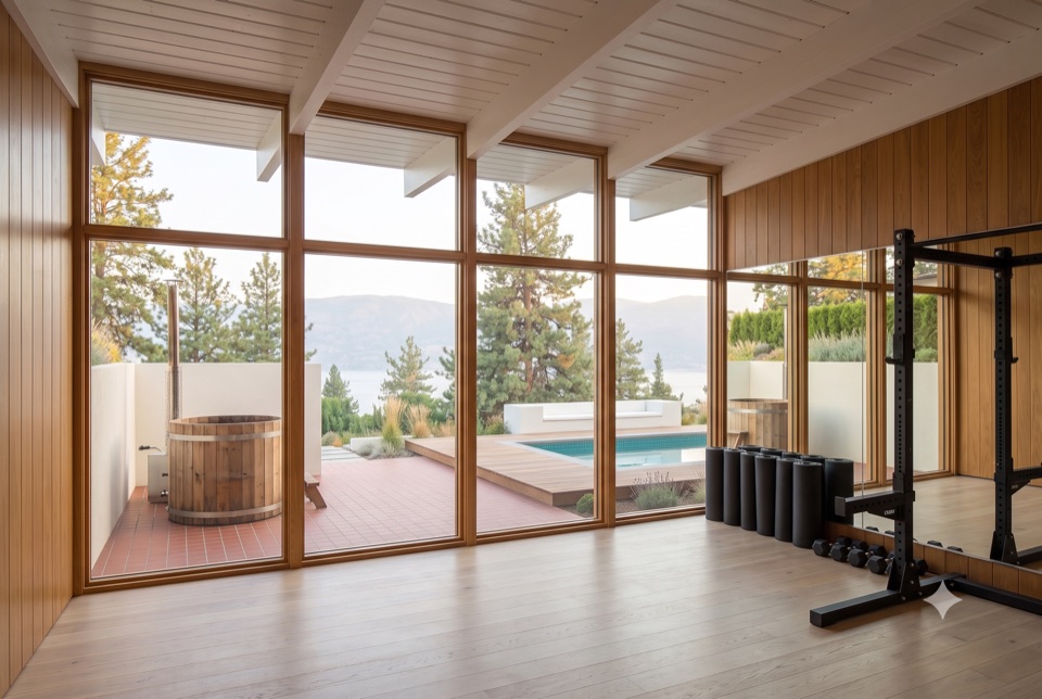 Gym A: glass garden level, plunge on the terrace.